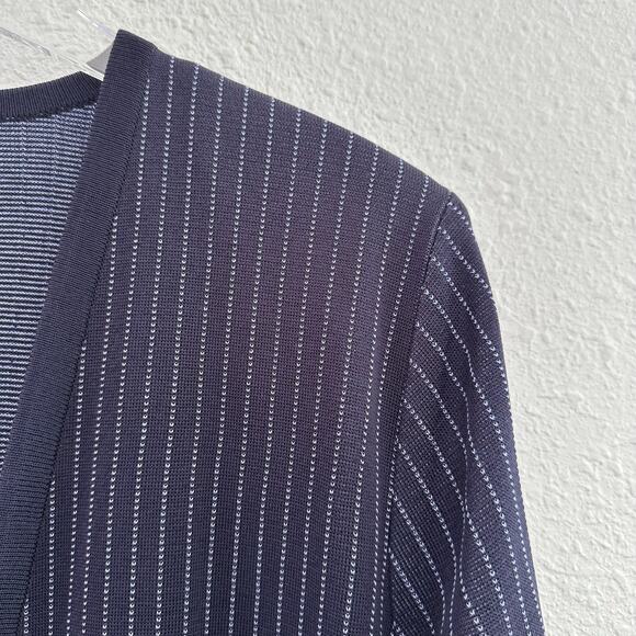 Exclusively Misook Knit Open Front Cardigan Sweater Large Navy Pinstriped Modest - Picture 3 of 6